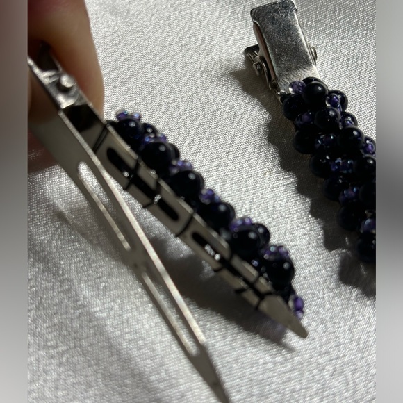 Hand crafted hair clips-Blue Goldstone beads & rainbow tanzanite seed beads - Picture 4 of 6